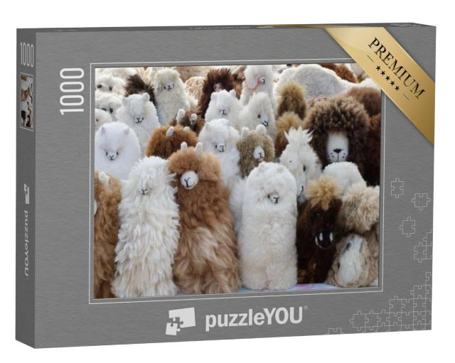 Puzzel 1000 stukjes „Pluche speelgoed gemaakt van lama bont op de ambachtsmarkt in Otavalo, Ecuador“