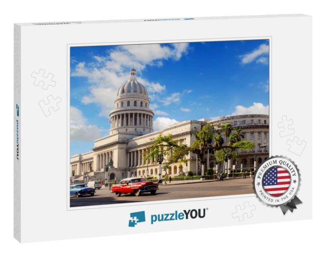 Capitolio Building Havana, Cuba with Vintage Old American... Jigsaw Puzzle