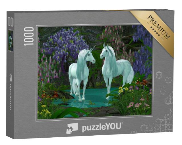 Puzzel 1000 stukjes „Twee eenhoorns bij een beekje met bosbloemen“