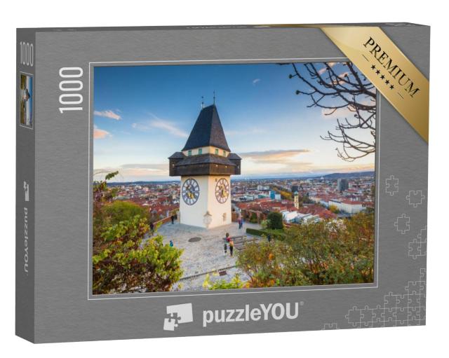 Puzzel 1000 stukjes „Klassiek panorama: Graz met klokkentoren bij zonsondergang, Stiermarken“