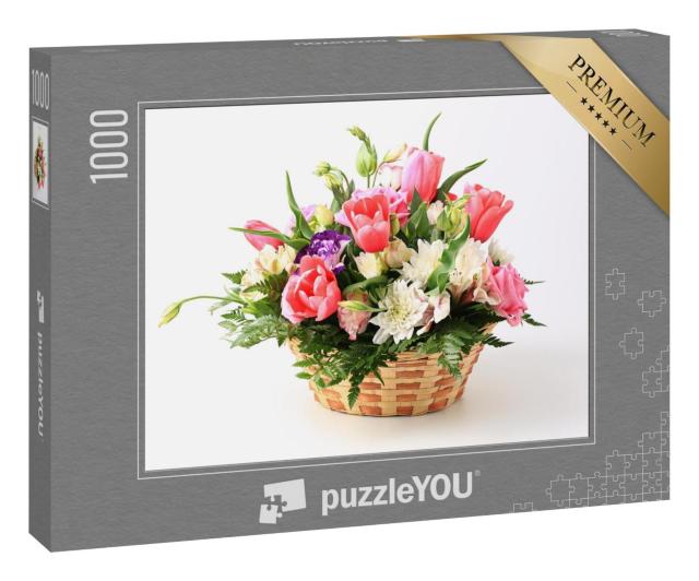 Puzzle 1000 Teile „Korb mit Blumen vor weißem Hintergrund“