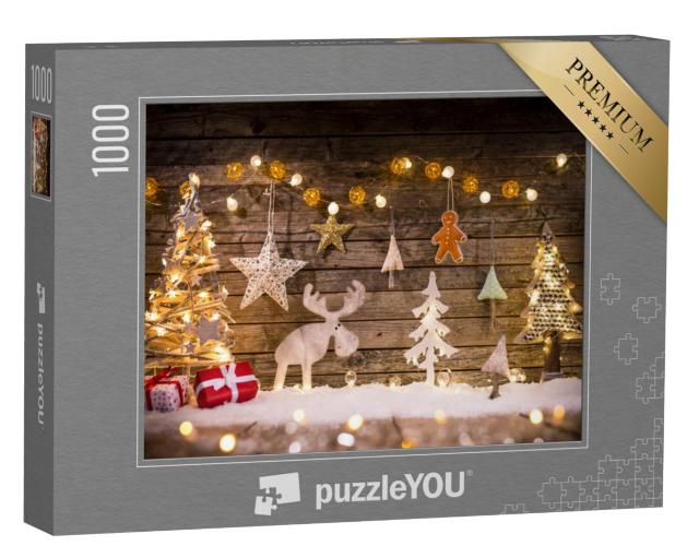 Puzzel 1000 stukjes „Kerstversiering op houten achtergrond, eland, boom“