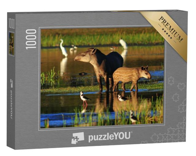 Puzzel 1000 stukjes „Tapir moeder met baby bij een drinkplaats“