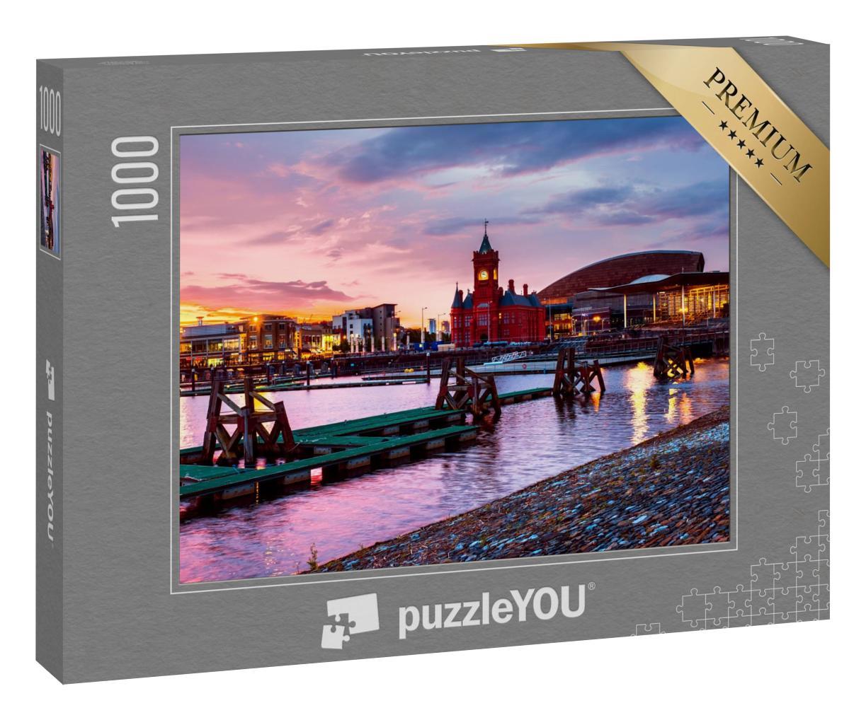 Puzzle 1000 Teile „Waterfront bei Nacht, Sonnenuntergang in Cardiff, Wales“