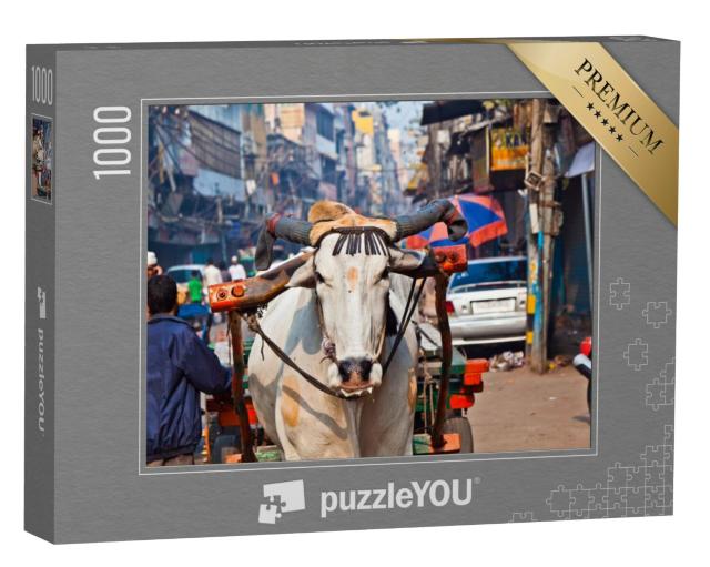 Puzzel 1000 stukjes „Vervoer per ossenkar in de vroege ochtend in Old Delhi, India“