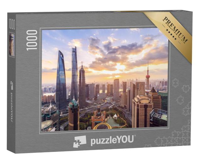 Puzzel 1000 stukjes „Shanghai skyline en stadsgezicht bij zonsondergang“