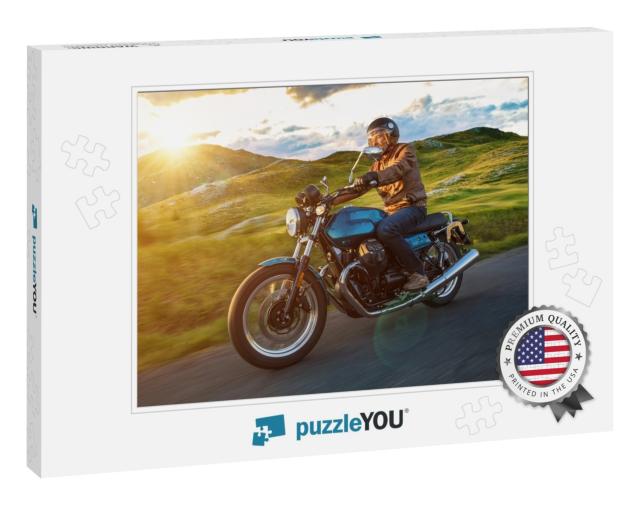 Moto Racer Riding on Forest Road During Sunset, Blurred M... Jigsaw Puzzle
