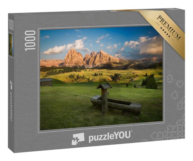 Puzzle 1000 Teile „Seiser Alm mit Langkofelgruppe im Sonnenuntergang, Südtirol, Italien“