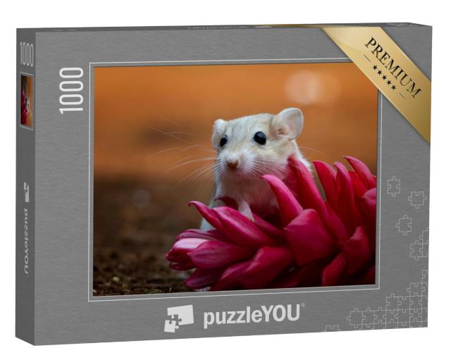 Puzzel 1000 stukjes „Schattige gerbil op een roze bloem“