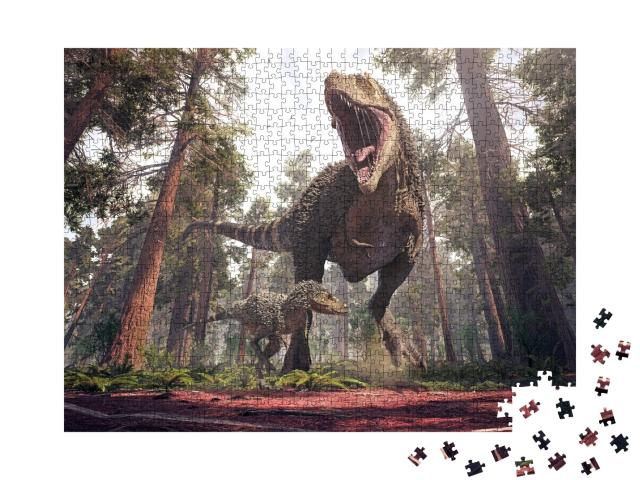Puzzle 1000 Teile „3D-Rendering des Tyrannosaurus Rex und seines Jungtiers“