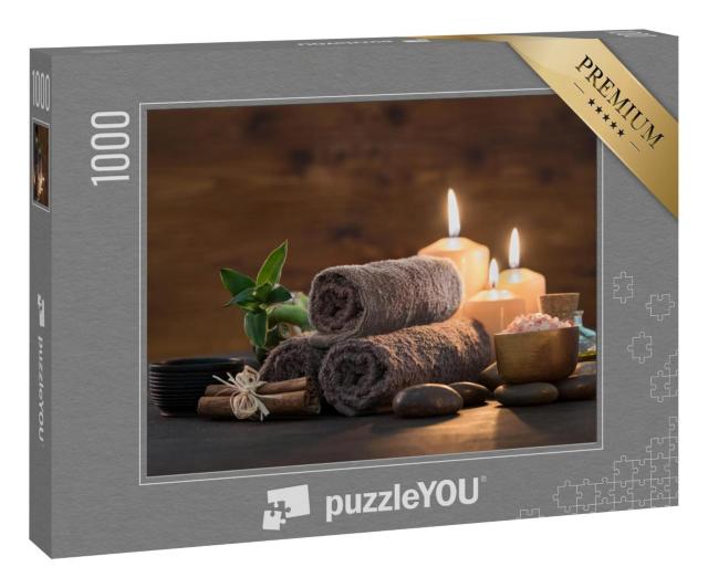 Puzzle 1000 Teile „Handtücher mit Bambus und Kerzen zum Entspannen, Spa-Massage “