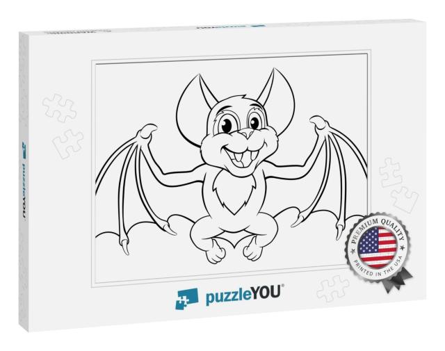A Cute Halloween Bat Cartoon Character in Black & White O... Jigsaw Puzzle