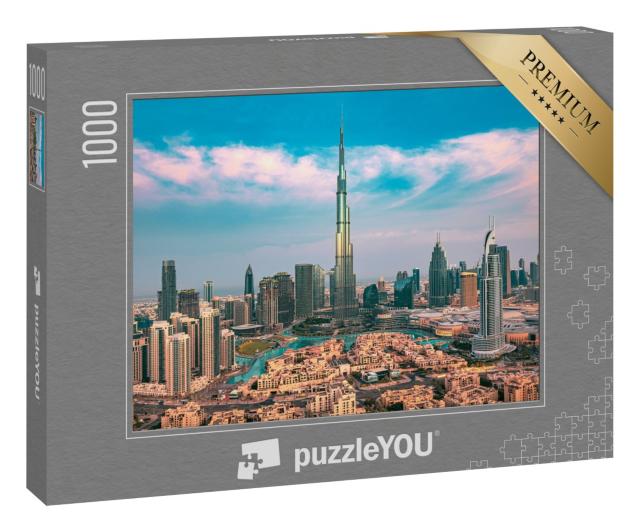 Puzzle 1000 Teile „Dubai: imposante Skyline des Stadtzentrums mit Luxus-Wolkenkratzern bei Sonnenaufgang“