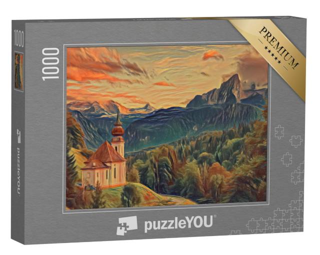 Puzzel 1000 stukjes „in de stijl van Edvard Munch, De schreeuw - Watzmann met Maria Gern Kerk“