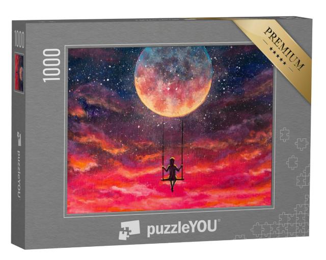 Puzzel 1000 stukjes „Meisje en jongen rijden op een schommel“