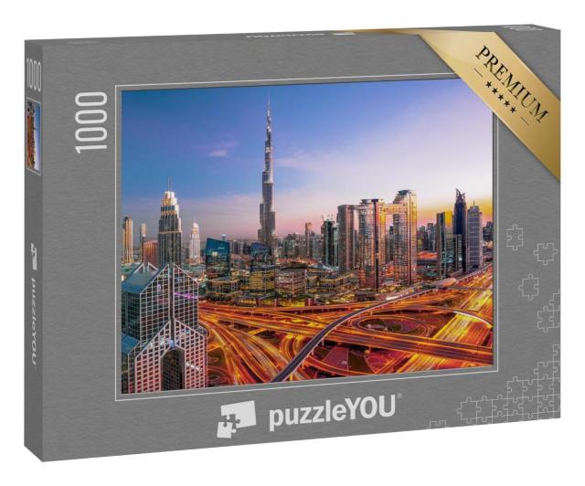 Puzzle 1000 Teile „Skyline des Stadtzentrums von Dubai, beeindruckendes Stadtbild mit Wolkenkratzern“