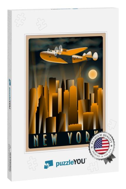 Airplane in the Sky Over New York At Night. Handmade Draw... Jigsaw Puzzle