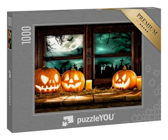 Puzzle 1000 Teile „Gruselige Halloween-Kürbisse am dunklen Fenster“