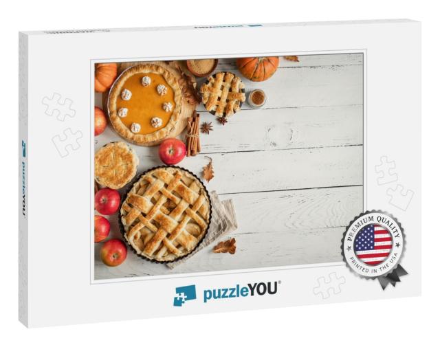 Thanksgiving Pumpkin & Apple Various Pies on White, Top V... Jigsaw Puzzle
