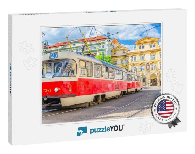 Typical Old Retro Vintage Tram on Tracks Near Tram Stop i... Jigsaw Puzzle