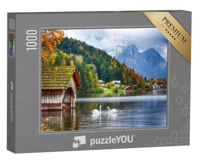 Puzzel 1000 stukjes „Twee witte zwanen op de Grundlsee, Stiermarken, Oostenrijk“