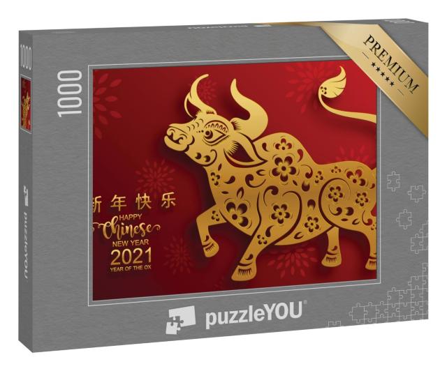 Puzzle 1000 Teile „Chinesisches neues Jahr 2021, Jahr des Ochsen, in Rot und Gold“