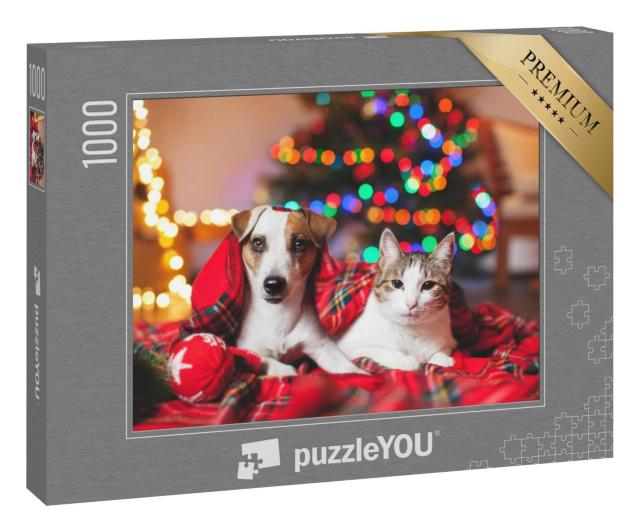 Puzzle 100 Teile „Katze und Hund unter einem Weihnachtsbaum“