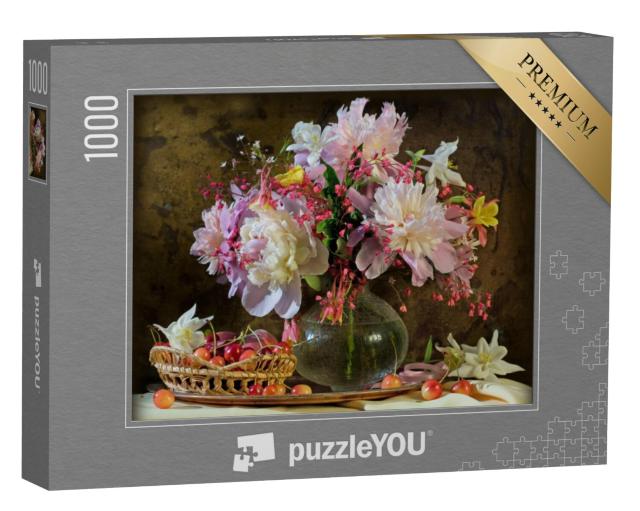 Puzzel 1000 stukjes „Stilleven met klokjes, pioenen, akeleien en kersen“