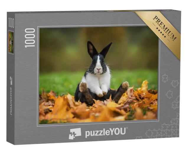 Puzzel 1000 stukjes „Klein grappig konijntje zit in de herfstbladeren“