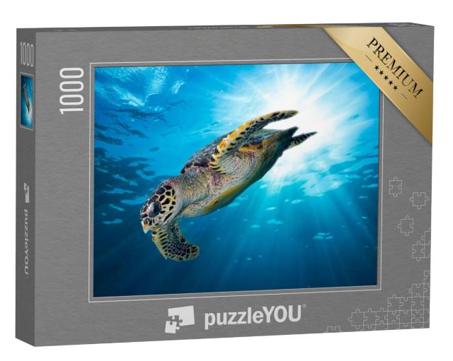 Puzzel 1000 stukjes „Karetschildpad in de diepblauwe oceaan“