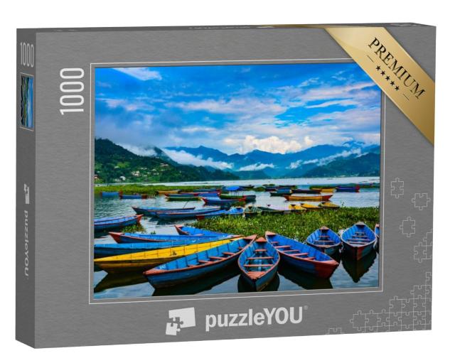 Puzzel 1000 stukjes „Kleurrijke roeiboten op het Phewa meer, Pokhara, Nepal“