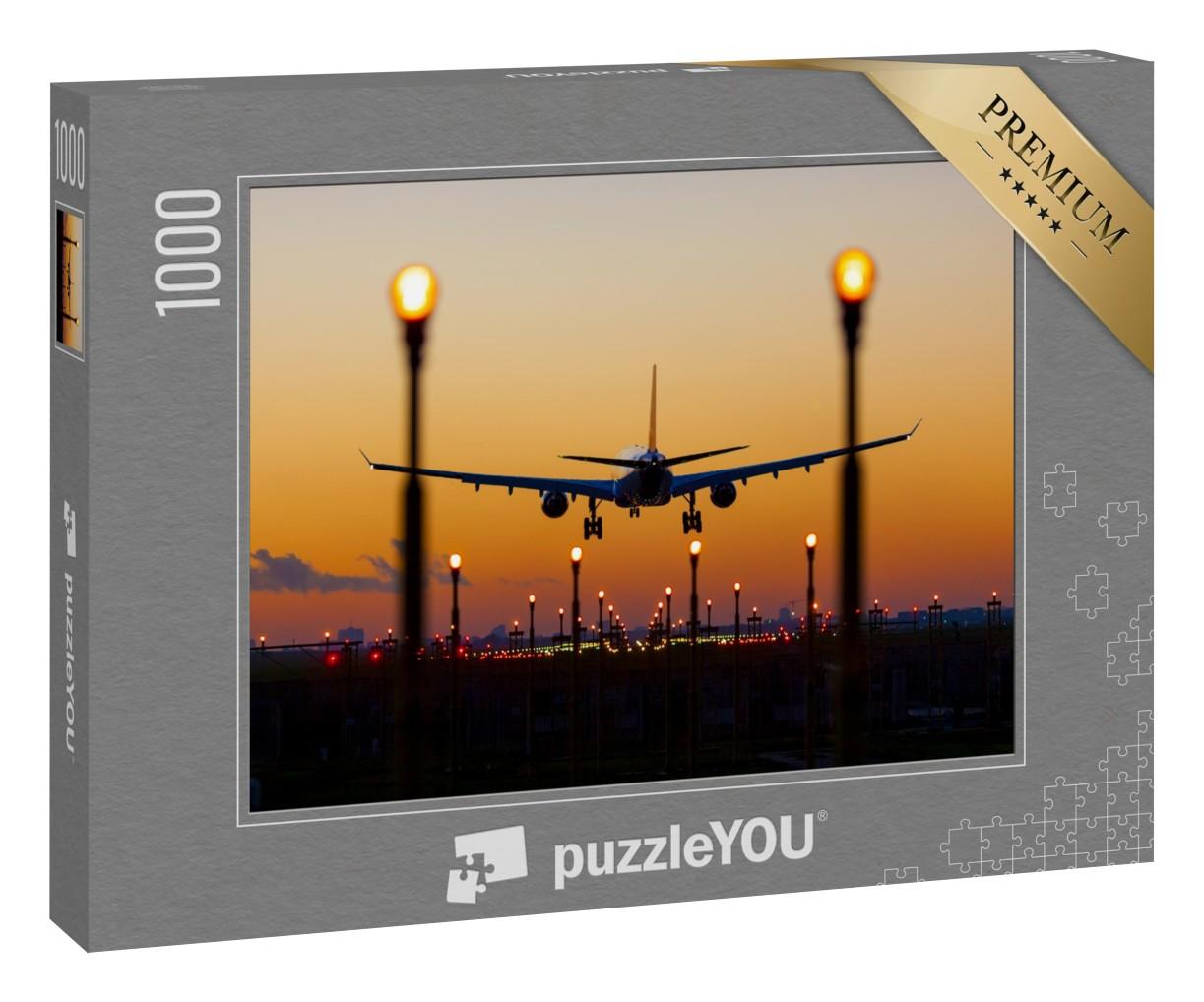 Puzzle 1000 Teile „Sonnenuntergang bei der Landung auf dem Flughafen Brüssel Zaventem“