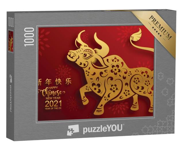 Puzzel 1000 stukjes „Chinees Nieuwjaar 2021, Jaar van de Os, in rood en goud“