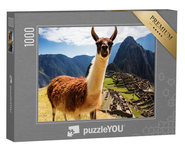 Puzzel 1000 stukjes „Lama, op de achtergrond de Inca-ruïnes bij Machu Picchu, Peru“