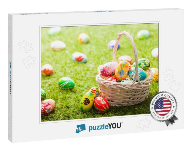 Unique Hand Painted Easter Eggs in Basket on Grass. Tradi... Jigsaw Puzzle