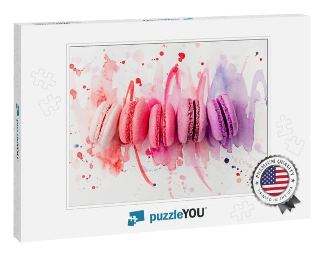 A Row of Bright Macarons of Different Color on a Watercol... Jigsaw Puzzle