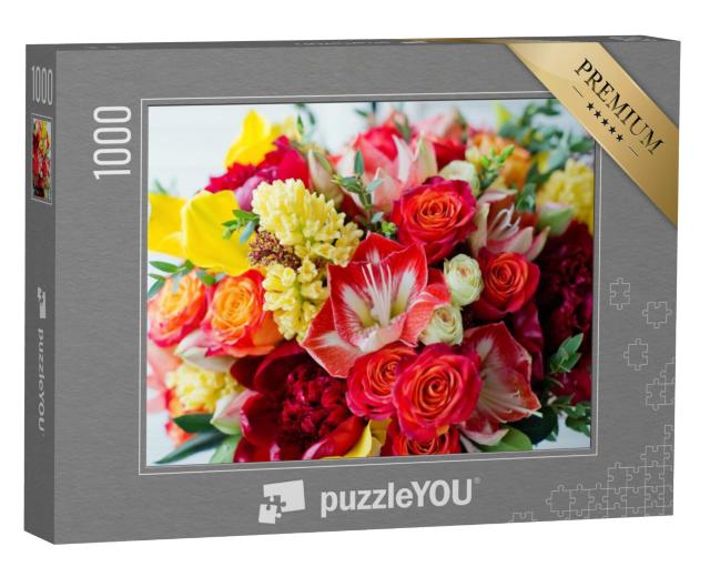 Puzzel 1000 stukjes „Roze geschenkdoos met fleurige bloemen“