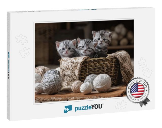 Group of Small Striped Kittens in an Old Basket with Ball... Jigsaw Puzzle
