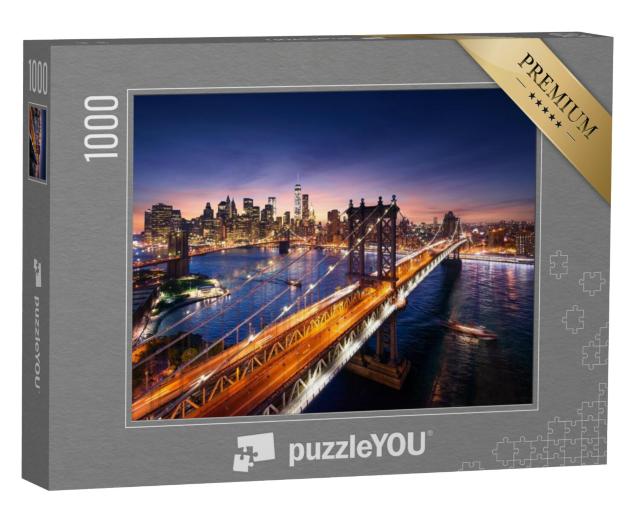 Puzzel 1000 stukjes „Zonsondergang over Manhattan en de Brooklyn Bridge, New York“