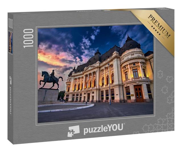 Puzzle 100 Teile „Bukarest bei Sonnenuntergang. Calea Victoriei, Nationalbibliothek“