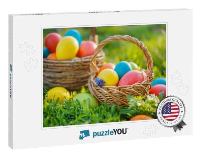 Happy Easter. Colorful Easter Eggs in Baskets, on the Spr... Jigsaw Puzzle
