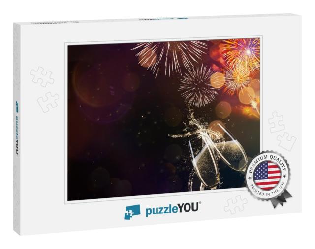 Glasses of Champagne Levitating in the Air, Fireworks, Ce... Jigsaw Puzzle
