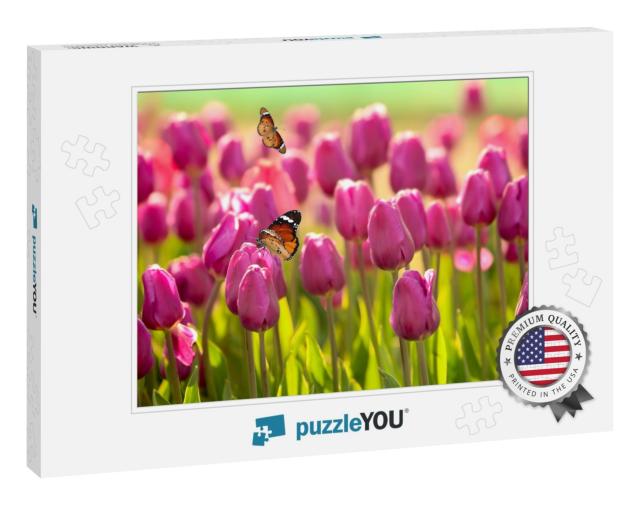Beautiful Butterflies & Blossoming Tulips Outdoors on Sun... Jigsaw Puzzle