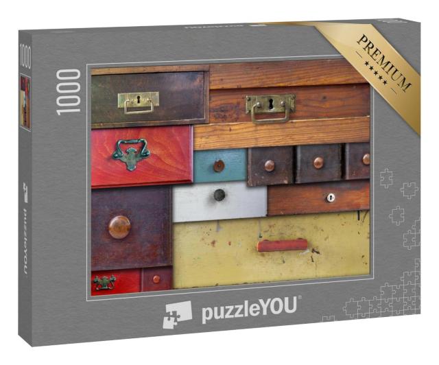 Puzzle 1000 Teile „Verschiedene alte Schubladen in unterschiedlichen Farben, Holz- und Messinggriffe“