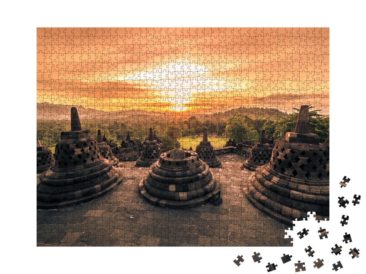 Puzzle 1000 Teile „Der Borobudur-Tempel bei Sonnenuntergang, Yogyakarta, Java, Indonesien“