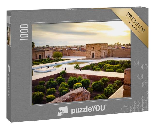 Puzzle 100 Teile „Sonnenuntergang in El Badi, Landschaft bei Marrakesch, Marokko“