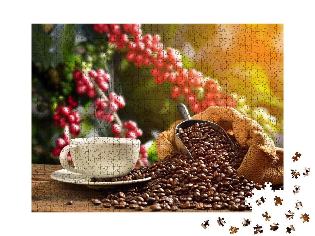 Puzzle 1000 Teile „Dampfende Tasse Kaffee mit Kaffeebohnen “