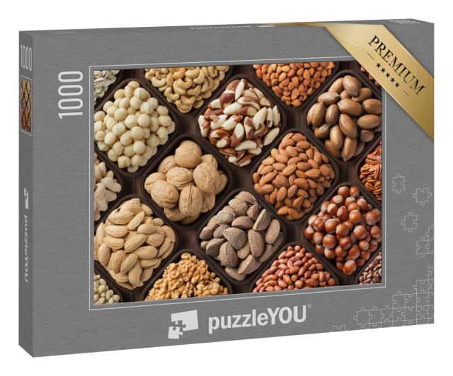Puzzle 1000 Teile „Samen und Nüsse in kleinen symmetrischen Holzschalen“