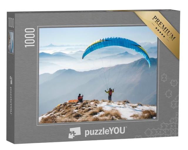 Puzzel 1000 stukjes „Kort voor het opstijgen: paragliden in de bergen“