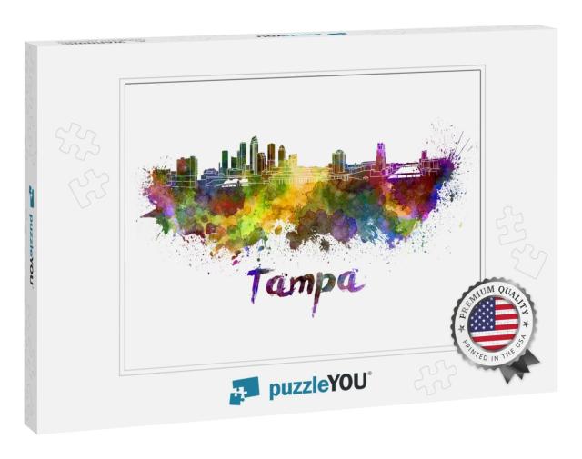 Tampa Skyline in Watercolor Splatters with Clipping Path... Jigsaw Puzzle